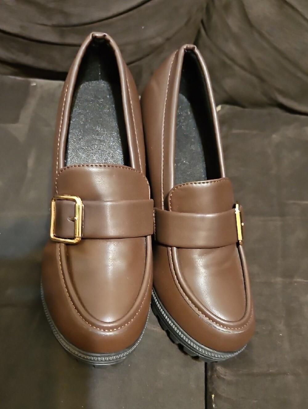 Women's Brown Chunky-Heel Loafer with Gold Buckle - Picture 7 of 7
